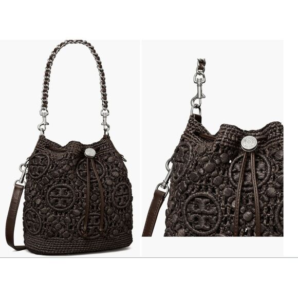 Tory Burch T MONOGRAM RAFFIA BUCKET BAG $630 - Picture 3 of 12